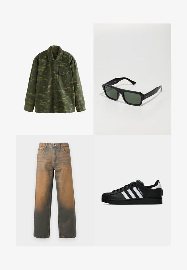Zeleno-hnědá maskáčová košile s dlouhými rukávy, límečkem a jednou knoflíkovou náprsní kapsou na levé straně.; Bílý bavlněný top na ramínka s kulatým výstřihem, širokými ramínky a rovním lemem, s hladkou texturou a bez viditelných vzorů.; Džíny s širokými nohavicemi v distressed modré a hnědé denimové barvě. Mají vysoký pas, přední kapsy a klasické zapínání na knoflík se metalickými akcenty.; Černé tenisky Adidas Superstar se bílými pruhy, špičkou ve tvaru skořápky a textem "Superstar" na boku, zobrazené v bočním profilu na bílém pozadí.; Černé obdélníkové sluneční brýle se zelenými skly, s zlatými akcenty a silným plastovým rámem. Texturované stranice pro lepší uchopení.
