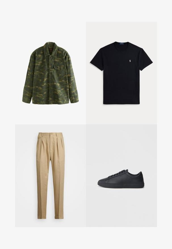 Grøn og brun camouflage knap-til-jakke med lange ærmer, krave og en enkelt knapbar brystlomme på venstre side.; Sort bomuldst-shirt med rund halsudskæring, korte ærmer og et lille broderet logo på venstre bryst. Glat tekstur.; Beige linnedbukser med lige snit, prydet med to forkørsler, knaplukning og sidelommer. Struktureret stof med en glat overflade.; Sorte sneakers lavet af glat læder med lavtopdesign, rund tå og flad gummisål. Har snøringer og subtil branding.