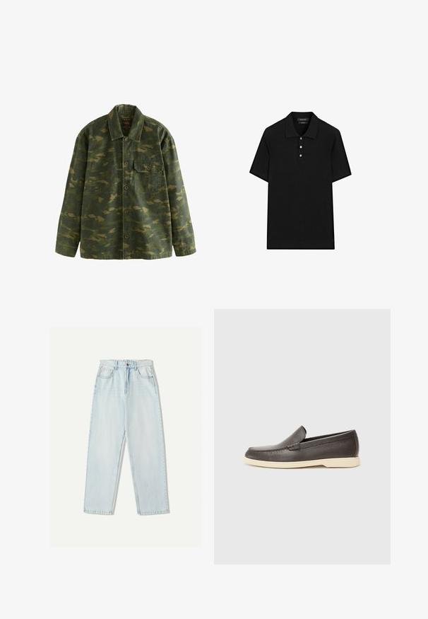 Giacca a camuffamento verde e marrone con bottoni, maniche lunghe, colletto e una tasca sul petto a sinistra con pulsante.; Polo shirt nera con texture a coste, maniche corte, colletto piatto e patta con tre bottoni. Design semplice e classico.; Jeans in denim azzurro chiaro con una vestibilità comoda, design a gamba dritta, stile a cinque tasche e leggere sfumature sul tessuto.; Scarpe slip-on in pelle marrone con superficie texturizzata e suola beige chiaro a contrasto, caratterizzate da una punta arrotondata e dettagli di cucitura minimi.