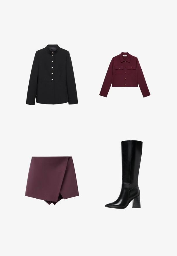 Schwarze Jacke aus glattem Stoff, ausgestattet mit einem Stehkragen, einer vorderen Knopfleiste mit sechs metallischen Knöpfen und einer strukturierten Silhouette.; Burgunderfarbenes kurz geschnittenes Jackett mit langen Ärmeln, Knopfverschluss, zwei Brusttaschen und goldenem Knopf-Akzenten. Glattes Material und klassisches Kragen-Design.; Kurzärmliges, tiefburgunderfarbendes Poloshirt aus strukturiertem Stoff, mit V-Ausschnitt, drei Knöpfen und einem verstärkten Kragen.; Dunkelviolette asymmetrische Minirock mit einem Wickel-Frontdesign und glatter Stofftextur.; Knöchelhohe schwarze Lederstiefel mit spitzem Schuhkopf, glatter Textur und einem stabilen, profilierten Blockabsatz. Schlankes Design mit minimalen Akzenten.