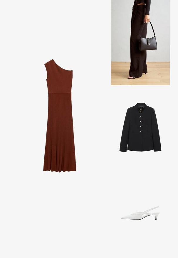Black jacket made of smooth fabric, featuring a stand collar, front button closure with six metallic buttons, and a structured silhouette.; Asymmetrical brown ribbed dress with one shoulder design; fitted bodice flares into a wide skirt. Smooth texture throughout.; White slingback heel with pointed toe, featuring a smooth upper, subtle cutouts, and a low block heel. Black sole accentuates design.; Black handbag with structured shape, smooth texture, and a metallic clasp. Paired with wide black pants and open-toe sandals on wooden floor.