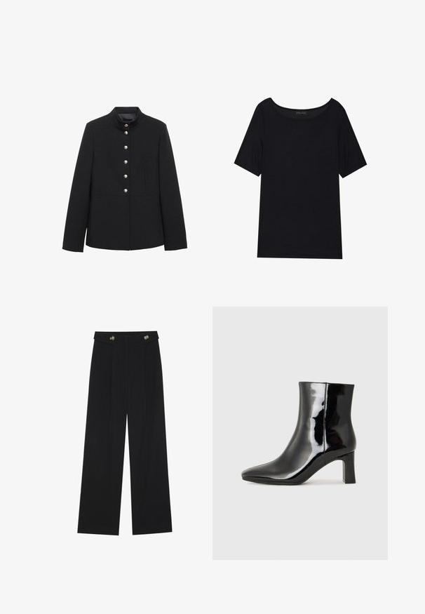 Crna jakna od glatkog materijala, s ovratnikom, prednjim zatvaranjem na dugmad s šest metalnih dugmadi i strukturiranim siluetom.; Crna majica s kratkim rukavima i širokim izrezom. Izrađena od mekog, laganog materijala. Jednostavan dizajn bez uzoraka ili detalja.; Crne hlače širokih nogavica s visokim strukom, s dugmadi na pojasu i prednjim nabora.; Crne lakirane kožne gležnjače s šiljastim prstom i srednje visokom blok petom. Glatka tekstura i minimalistički dizajn.