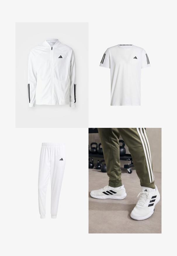 Balta kapucīna jaka ar augstu apkakli, melniem trīs slīpajiem akcentiem uz piedurknēm un mazu melnu logotipu uz krūtīm. Gluda auduma tekstūra.; Balts īsām piedurknēm T-krekls, kas izgatavots no elpojoša auduma, ar melnu trīsstūra logotipu un trim melnām svītrām uz katra pleca.; Baltas sporta bikses, kas izgatavotas no gludas auduma, ar elastīgu jostu un pieguļošiem uzmavām, ar melnu logotipu aizmugurējā kabatā.; Baltas sporta apavi ar melnām svītrām, sietveida tekstūra un mīksta apkakle, pārī ar olīvu zaļām biksēm, kurām ir baltas sānu svītras.