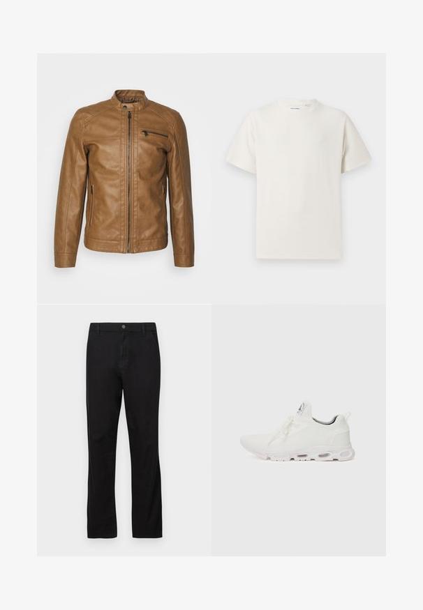 Brown leather jacket featuring a stand collar, front zipper, zippered chest pocket, and two side pockets with a smooth texture.; White short-sleeve T-shirt in a ribbed texture. Round neckline, relaxed fit, no visible patterns or accents. Simple and versatile design.; Black cotton trousers with a straight-leg design, featuring a button closure, front and back pockets, and smooth texture.; White athletic shoes featuring a textured knit upper, flat laces, and a cushioned sole with visible air chambers for added support.