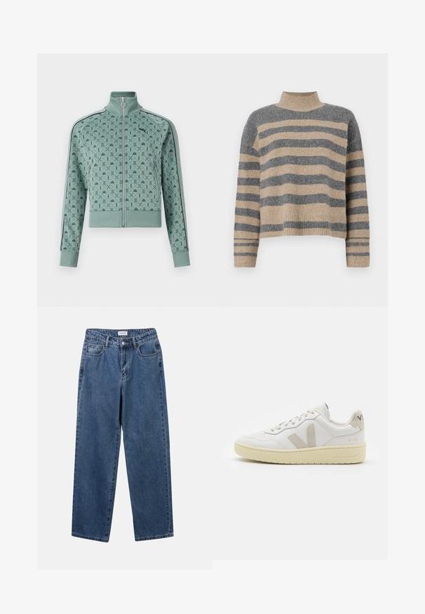 Zelena zadrga jakna v mint barvi z visokim ovratnikom, ki ima geometrijski vzorec in črne črte ob rokavih.; Prajčast pulover z šivi v sivi in bež barvi, visokim ovratnikom, širokimi manšetami in sproščenim krojem s skrajšano zasnovo.; Klasične modre jeans hlače s ravnim krojem, petimi žepi in gumbom za zapiranje. Imajo srednje pranje in trdno teksturo.; Bela usnjena tenisača z bež semiš poudarki, perforiranim prednjim delom, ravnimi vezalkami in strukturiranim kremnim podplatom. Ima diskretno blagovno znamko na peti.