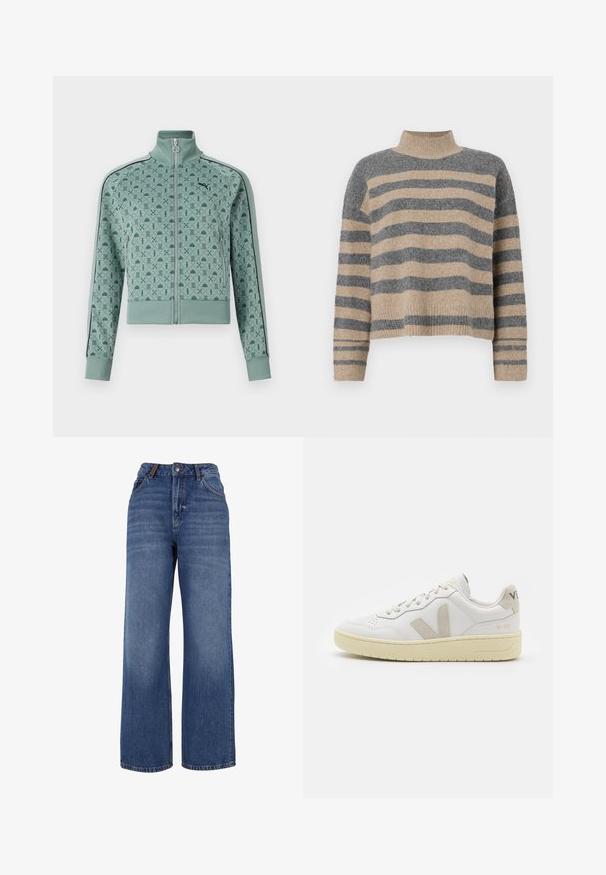 Mint green zip-up jacket with a high collar, featuring a geometric pattern and black striped accents along the sleeves.; Striped knit sweater featuring gray and beige colors, high neck, wide cuffed sleeves, and a relaxed fit with a cropped design.; Wide-leg denim jeans made from medium-weight blue cotton fabric. Features classic five-pocket design and a zip fly with button closure.; White leather sneaker with beige suede accents, perforated toe box, flat laces, and a textured cream sole. Features subtle branding on heel.