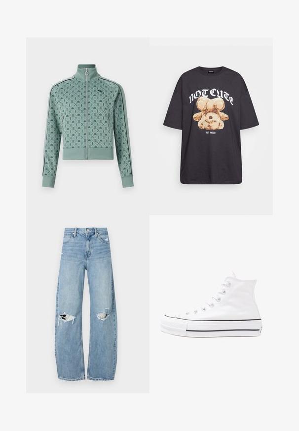 Jachetă verde mentă cu fermoar, cu guler înalt, având un model geometric și accente negre pe mâneci.; Tricou oversized negru featuring un grafic cu un urs și textul „NU E DRĂGUȚ DAR SUNT SĂLBATIC” în litere albe, îndrăznețe. Material din bumbac.; Jeans de denim, de un bleu deschis, cu talie înaltă. Au picioare late, două zone rupte la genunchi și un stil clasic cu cinci buzunare.; Adidași albi tip pantofi sport cu glezna din pânză, cu talpă din cauciuc negru, capac de vârf din cauciuc frontal și șase ochiuri pentru șireturi, având un design curat și minimalist.