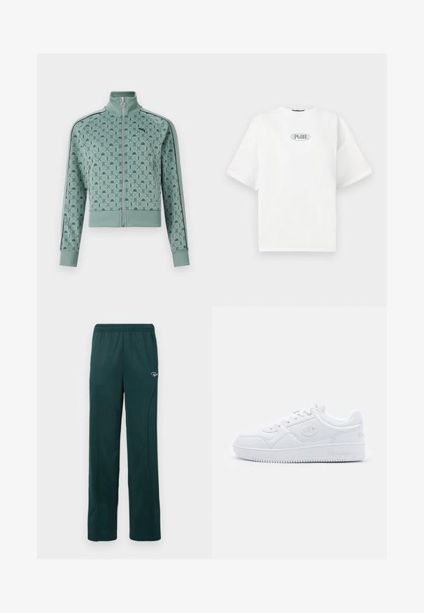 Mint green zip-up jacket with a high collar, featuring a geometric pattern and black striped accents along the sleeves.; White short-sleeve t-shirt made of cotton, featuring a graphic logo in green within an oval shape at the center of the chest.; Dark green sweatpants made of soft fabric, featuring an elastic waistband and side seams, with a small logo on the front.; White sneaker made of smooth synthetic material, featuring round toe, flat sole, and subtle logo accents on the sides. Classic low-top design.