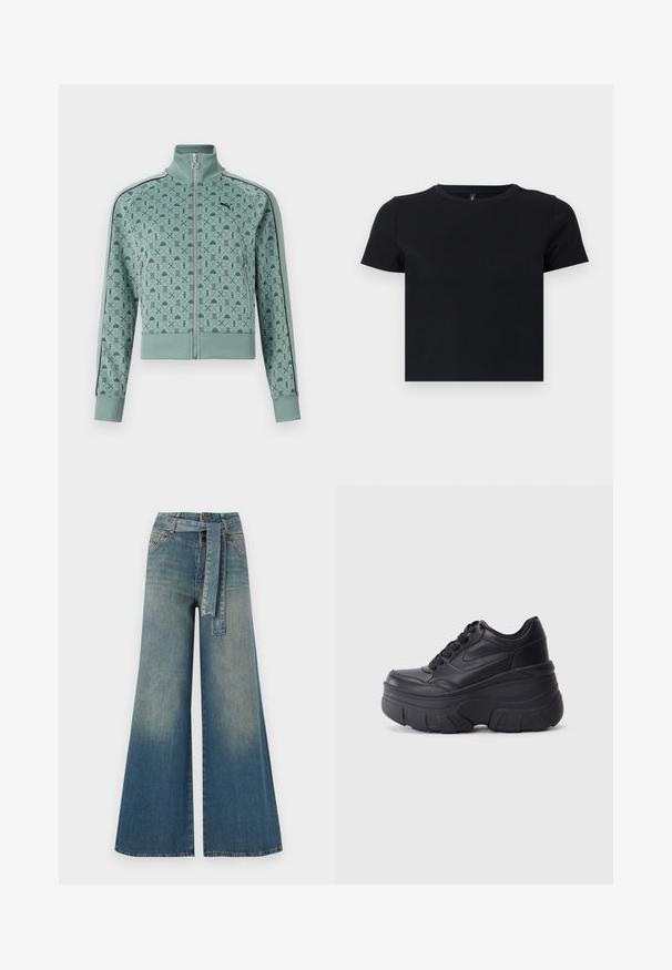 Mintgrøn jakke med lynlås og høj krave, der har et geometrisk mønster og sorte stribede detaljer langs ærmerne.; Sort t-shirt med korte ærmer lavet af blødt bomuld. Har en rund halskrave og en tætsiddende pasform. Glat tekstur uden mønstre eller detaljer.; Bredbens-denimbukser med en lys til mørk blå gradient, høj talje, bælteløkker og et matchende stofbælte. Tekstureret denimfinish.; Sorte snørebåndssneakers med en kraftig sål, der har en glat læderoverdel, rund tå og et markant lagdelt plade-design.
