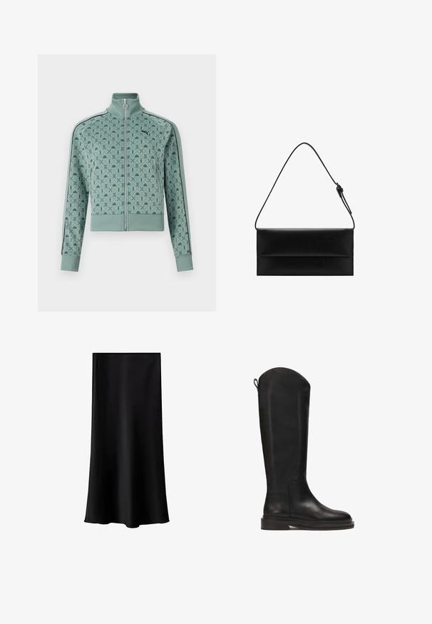 Mint green zip-up jacket with a high collar, featuring a geometric pattern and black striped accents along the sleeves.; White short-sleeve T-shirt made of smooth cotton fabric, featuring a crew neckline and a relaxed fit with stitched hems.; Black midi skirt made of smooth, lightweight fabric. Features a straight cut, no visible hardware, and a simple design without patterns.; Black leather knee-high boot with a smooth finish, rounded top, sturdy sole, and minimalistic design. Features a tab at the back for easy wear.; Mango Handbag - black