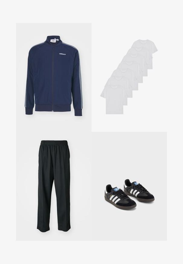 Tamsiai mėlynas zip-up treniruotinis džemperis iš lygaus audinio su baltais trimis juostelėmis ant rankovių ir siuvinėtu logotipu ant krūtinės.; Baltos medvilninės marškinėliai, trumpomis rankovėmis, apvaliu kaklu, lygia tekstūra, sušluoti į eilę, su subtiliu prekės ženklu ant kaklo.; Juodi sportiniai kelnių modeliai su elastinga juosmena, pagaminti iš šiurkščios medžiagos, su subtiliomis šoninėmis siūlėmis ir laisva, tiesia koja.; Juodi sportiniai bateliai su zomšos ir sintetine viršutine dalimi, turintys tris baltas juosteles, tekstūruotą gumos pado paviršių ir mėlyną logotipo etiketę ant liežuvėlio.