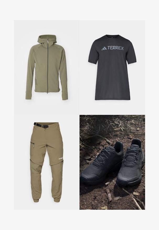 Houdini POWER - Forro polar - sage green; Camiseta negra de manga corta hecha de un tejido ligero, con un logotipo en gris claro "TERREX" en el pecho y cuello redondo.; Pantalones de campo color caqui con un cinturón negro ajustable, bolsillos con cremallera, puños ajustados y piernas inferiores desmontables para un estilo versátil.; Zapatos deportivos negros con una parte superior de punto texturizado, puntera reforzada y suela acolchada, exhibidos sobre un suelo terrizo con ramitas dispersas.