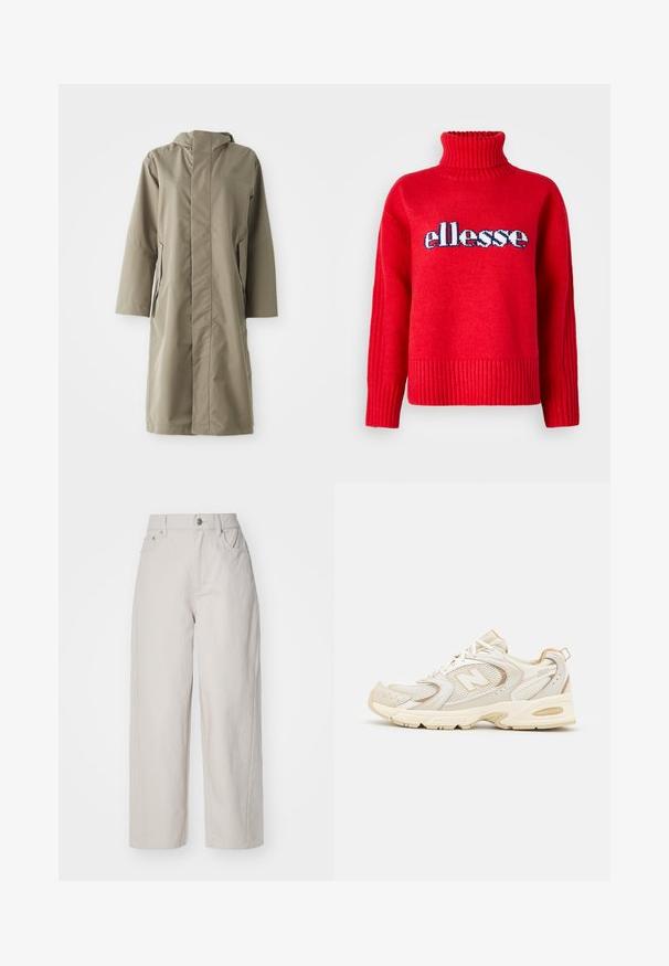 Khaki regenjas met een capuchon, gemaakt van glad, waterafstotend stof. Beschikt over lange mouwen en zijzakken, en biedt een comfortabele pasvorm.; Rode gebreide trui met een hoge ribgebreide kraag. Heeft horizontale ribbels aan de onderkant en mouwen. Het "ellesse" logo is prominent weergegeven in blauw en wit.; Beige wijde katoenbroek met hoge taille, knoop- en ritssluiting, en vier zakken; zachte textuur met denimafwerking.; Beige sport schoenen met gaas- en synthetische overlays, voorzien van een textuur, een gevoerde kraag en "ABZORB" demping bij de hiel.