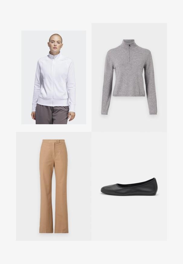 Fehér zipzáras dzseki, texturált anyagból, magas gallérral és oldalsó zsebekkel, szürke nadrággal párosítva. Sima felület, könnyű kialakítás.; Szürke kötött pulóver magas gallérral és elülső cipzárral. Hosszú ujjakkal és enyhén rövidített hosszal rendelkezik. Simább textúra és bordázott alj.; Beige, szabott nadrág, enyhén bővülő sziluettel, sima anyagból készült, elöl gombos záródással és két oldalsó zsebbel.; Fekete bőr balettcipő lekerekített orral, sima tekstúrával, minimális varrással és rugalmas talp kialakítással.
