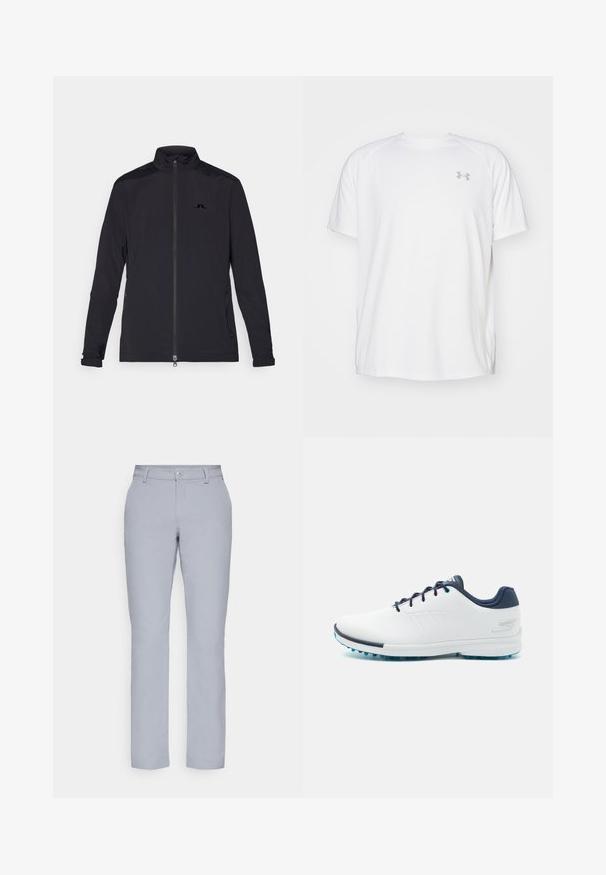 Juodas lengvas švarkas su pilna priekiu užtrauktuku, aukštu apykakle, ilgomis rankovėmis, šoninėmis kišenėmis su užtrauktukais ir mažuoju logotipu ant krūtinės.; Balta trumpa rankovėmis sportinė marškinėliai, pagaminti iš lygaus audinio. Yra apvalus kaklas ir pilkas logotipas kairėje krūtinės pusėje, o apatinėje dalyje yra šoninės plyšiai.; Šviesiai pilkos kelnes su tiesiu kirpimu, mygtuko uždarymu, priekinėmis kišenėmis ir lygia, tekstūruota medžiaga. Minimalistinis dizainas, be raštų.; Balti sportiniai bateliai su lygiu sintetinės medžiagos paviršiumi, mėlynais akcentais, tekstūruotu tamsiai mėlynu kulnu ir lengvu, adatiniu padu geresniam sukibimui.