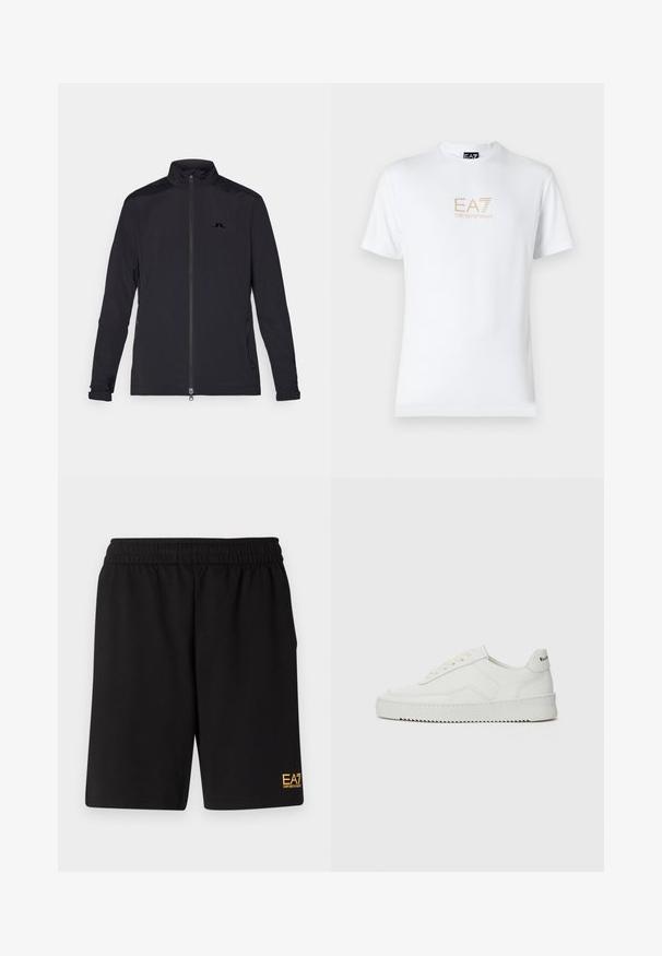 Chaqueta ligera negra con cremallera frontal completa, cuello alto, mangas largas, bolsillos laterales con cremallera y pequeño logo en el pecho.; Camiseta blanca de algodón con escote redondo y mangas cortas, con un logo dorado de EA7 Emporio Armani impreso en el frente.; Pantalones cortos deportivos negros de tejido suave, con una cintura elástica y un pequeño logo amarillo de EA7 en la parte inferior de la pierna izquierda.; Zapatilla de cuero blanca con un acabado suave, puntera redonda, cordones planos y suela texturizada. Cuenta con un sutil logo en el talón.