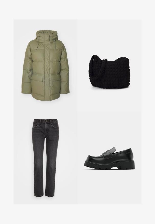 Podstavljen kaput maslinaste boje s visokim ovratnikom, prednjim zatvaračem, prilagodljivom kapuljačom i dva prednja džepa. Ima kviltani dizajn.; Crna majica s kapuljačom od mješavine pamuka, sa rebrastim izrezom i manžetama, s malim bijelim Adidas logotipom smještenim u sredini na prsima.; Crne traperice ravnog kroja s klasičnim dizajnom pet džepova, patent zatvaračem i kontrastnim šavovima duž šava.; Crne kožne mokasine s debelim teksturiranim potplatom, s trakicom preko prednjeg dijela i glatkom, poliranom završnom obradom.; Crna platnena torba s teksturiranim, kviltanim uzorkom. Okrugli oblik, kratke, debele ručke i meka, fleksibilna struktura.