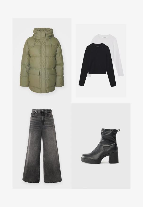 Padded olive green coat with a high collar, front zip closure, adjustable hood, and two front pockets. Features a quilted design.; Two long-sleeved shirts: one black and one white. Both feature a crew neck, raglan sleeves, and a soft cotton blend fabric.; Wide-leg black denim jeans with a faded wash, five-pocket design, and a button closure at the waistband, featuring stitched accents.; Black ankle boots made of smooth leather, featuring a side zipper, chunky textured heel, and rounded toe design.