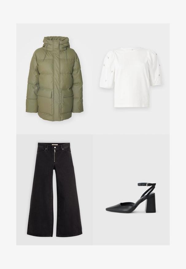 Vaahtomuovilla vuorattu oliivinvihreä takki, jossa on korkea kaulus, edessä vetoketju, säädettävä huppu ja kaksi etutaskua. Sisältää tikkikuvioinnin.; Valkoinen puuvillainen t-paita lyhyillä puffihihnoilla, joissa on pieniä hopeisia koristeita hihojen varrella. Klassinen pyöreä kaula-aukko, rento malli.; Mustat leveälahkeiset farkut, joissa on vetoketjufrunti, viisi-taskuinen muotoilu ja hienovaraiset ompelusyyt. Sileä pinta ja rento tyyli.; Mustat nahkakengät, joissa on kapea kärki, nilkkaremmi ja paksu korko. Tasainen pinta, tyylikäs muotoilu ja minimalistinen estetiikka.