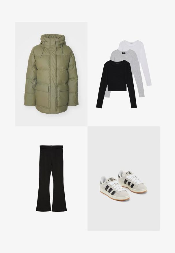 Palton căptușit verde măsliniu cu guler înalt, închidere cu fermoar frontal, glugă ajustabilă și două buzunare frontale. Prezintă un design capitonat.; Trei bluze cu mânecă lungă așezate: neagră, gri și albă. Fiecare are un guler rotund și un design scurt, realizat dintr-un material fin și ușor.; Leggings negre cu tiv evazat, realizate dintr-un material elastic. Au o talie largă și o textură fină, cu o siluetă ajustată care se lărgește la tiv.; Adidași din suede gri cu șireți albi, dungi negre și talpă din cauciuc alb. Prezintă un logo circular pe limbă și o talpă din cauciuc.