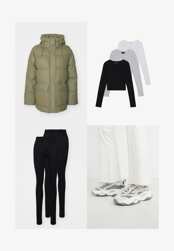 Palton căptușit verde măsliniu cu guler înalt, închidere cu fermoar frontal, glugă ajustabilă și două buzunare frontale. Prezintă un design capitonat.; Trei bluze cu mânecă lungă așezate: neagră, gri și albă. Fiecare are un guler rotund și un design scurt, realizat dintr-un material fin și ușor.; Colanți negri dintr-un material neted și elastic, cu talie înaltă. Au o siluetă ajustată și un design până la glezne. Sunt expuse două perechi.; Adidași atletici masivi de culoare gri deschis, cu un amestec de materiale din plasă și textile, având accente cu modele și o talpă groasă din cauciuc.