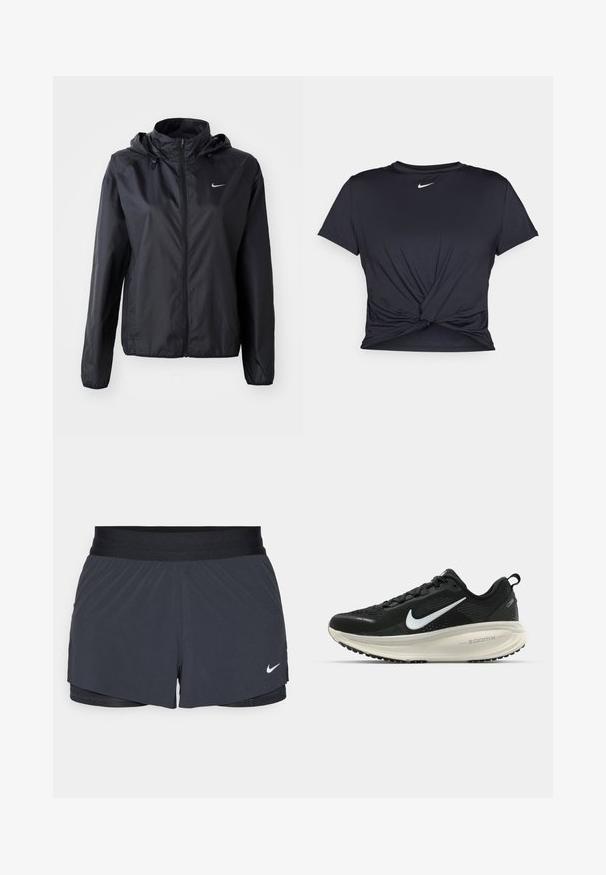 Jachetă ușoară, neagră, de la Nike, cu glugă. Fabricată dintr-un material neted, are fermoar frontal și un mic logo pe partea stângă a pieptului.; Tricou sport negru din material neted, cu un design frontal legat și un mic logo Nike alb pe piept.; Shorts atletici negri, cu un elastic la talie, având un design stratificat și un mic logo alb Nike în partea stângă jos. Material ușor.; Pantofii de alergare negri de la Nike, cu parte superioară din plasă respirabilă, logo-ul alb Swoosh, detalii texturate și o talpă intermediară ZoomX de culoare crem.