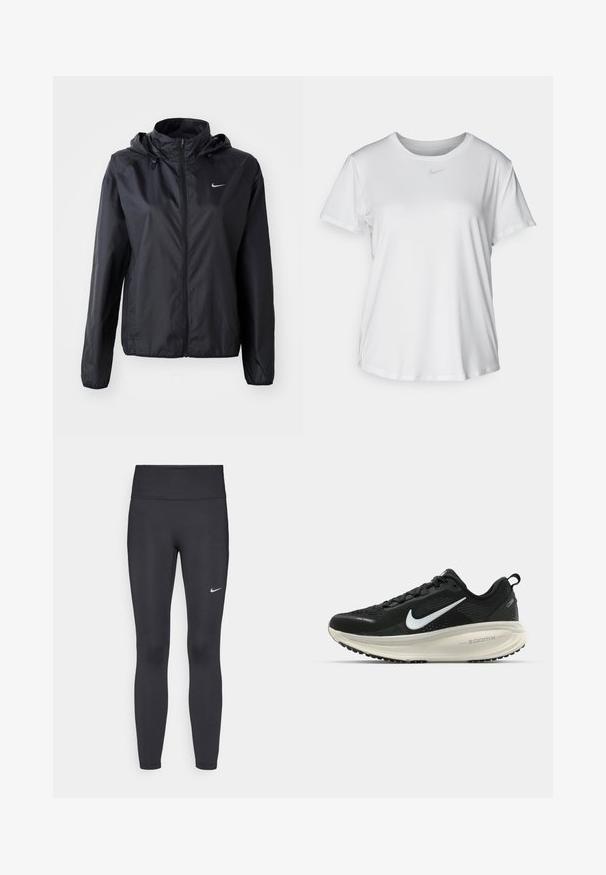 Nike sort letvægtsjakke med hætte. Lavet af glat stof, med en frontlynlås og et lille logo på venstre bryst.; Hvid kortærmet T-shirt lavet af glat materiale, med en rund halsudskæring og et lille gråt Nike-logo på brystet.; Sorte leggings lavet af strækbart stof, med en høj talje og et hvidt Nike-logo på venstre lår. Glat tekstur, tætsiddende design.; Sort Nike løbesko med åndbart mesh-overdel, hvidt swoosh-logo, tekstureret detaljering og en cremede ZoomX mellemsål.