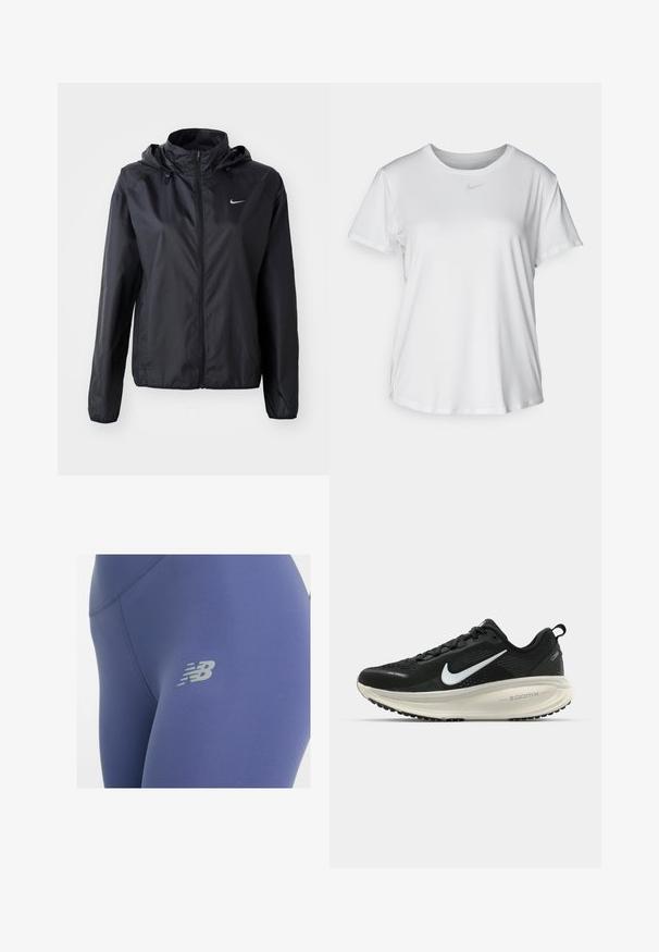 Chaqueta ligera negra de Nike con capucha. Hecha de una tela suave, presenta un cierre frontal y un pequeño logo en el lado izquierdo del pecho.; Camiseta blanca de manga corta hecha de tejido suave, con un escote redondo y un pequeño logo de Nike gris en el pecho.; Leggings de tejido azul profundo con una textura suave, que presentan un logo gris reflectante en el muslo y costuras planas para mayor comodidad.; Zapatilla de running Nike negra con parte superior de malla transpirable, logo Swoosh blanco, detalles texturizados y una entresuela ZoomX de color crema.