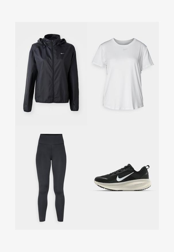 Giacca nera leggera Nike con cappuccio. Realizzata in tessuto morbido, presenta una zip frontale e un piccolo logo sul lato sinistro del petto.; T-shirt bianco a maniche corte realizzato in tessuto liscio, con scollatura tonda e un piccolo logo grigio Nike sul petto.; Leggings neri a vita alta realizzati in materiale elastico, con una texture liscia e un design aderente, caratterizzati da dettagli di cucitura minimi.; Scarpa da corsa nera Nike con tomaia in rete traspirante, logo Swoosh bianco, dettagli testurizzati e intersuola ZoomX di colore crema.