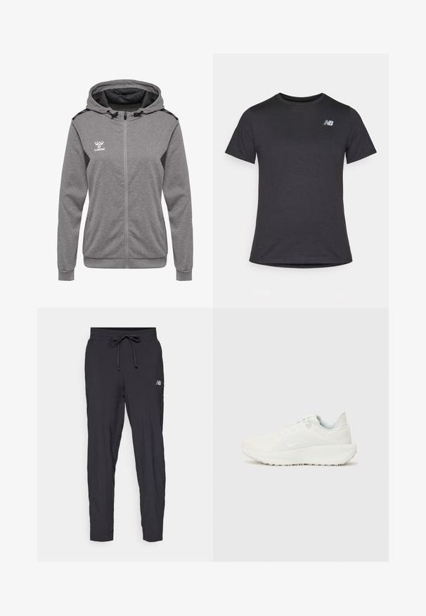 Szara bluza z kapturem na zamek błyskawiczny, z regulowanym kapturem, kieszeniami bocznymi i ściągaczami przy mankietach. Posiada logo na piersi oraz fakturowany materiał.; Czarny t-shirt z krótki rękawem, wykonany z miękkiej tkaniny, z małym szarym logo New Balance na górnej lewej części klatki piersiowej, klasyczny krój z okrągłym dekoltem.; Czarne spodnie dresowe wykonane z lekkiego materiału, z elastycznym paskiem w talii i regulowanym sznurkiem. Posiadają małe logo z boku.; Białe buty sportowe z teksturowaną cholewką, wyściełanym kołnierzem i zapięciem na sznurówki. Wyposażone w zakrzywioną podeszwę i subtelne oznakowanie po bokach.