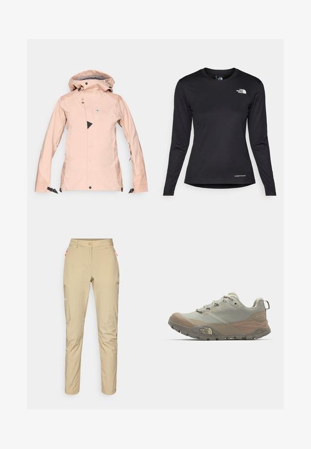 Moteriška vandeniui atspari striukė šviesiai rožinės spalvos. Yra reguliuojama kvapo, priekinis užtrauktukas, juodi trikampio formos akcentai ir šoninės kišenės. Lygus, lengvas audinys.; The North Face SHADOW LONG SLEEVE - Ilgarankovis viršutinės dalies drabužis - black; Smėliniai lauko kelnės su lygiu paviršiumi, turinčios oranžinę užtrauktuko kišenę, aptemptą siluetą ir mažą baltą logotipą priekyje.; Šviesiai pilkos sportinės bateliai su smėlio spalvos akcentais, pagaminti iš sintetinių medžiagų. Turi tvirtą pado dizainą, raiščiais užsegamas ir logotipą šone.