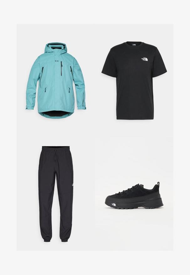 Helle blaue wasserdichte Jacke mit Kapuze, langen Ärmeln, zwei vorderen Reißverschluss-Taschen und schwarzen Akzenten an den Reißverschlüssen und dem Saum. Glatte Textur.; Schwarzes Baumwoll-T-Shirt mit kurzen Ärmeln, Rundhalsausschnitt und einem kleinen weißen Logo auf der linken Brust. Schlichtes Design, glatte Textur und lockere Passform.; Schwarze Sporthosen aus leichtem Stoff, mit einem Kordelzugbund, seitlichen Taschen und schmal zulaufenden Bündchen an den Knöcheln.; Schwarzer Outdoorsneaker mit einem Obermaterial aus Wildleder, strukturierter Gummisohle und robustem Schnürsystem. Verfügt über eine verstärkte Ferse und das Markenlogo an der Seite.