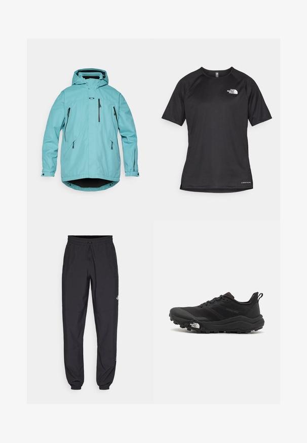 Light blue waterproof jacket with a hood, long sleeves, two front zip pockets, and black accents on zippers and hem. Smooth texture.; Black short-sleeve athletic shirt with a textured fabric, featuring a white logo on the left chest and a straight hem.; Black athletic pants made from lightweight fabric, featuring a drawstring waistband, side pockets, and tapered cuffs at the ankles.; Black trail running shoe with a textured upper, rubber sole, and reinforced toe cap. Features a padded collar and pull tab for easy wear.