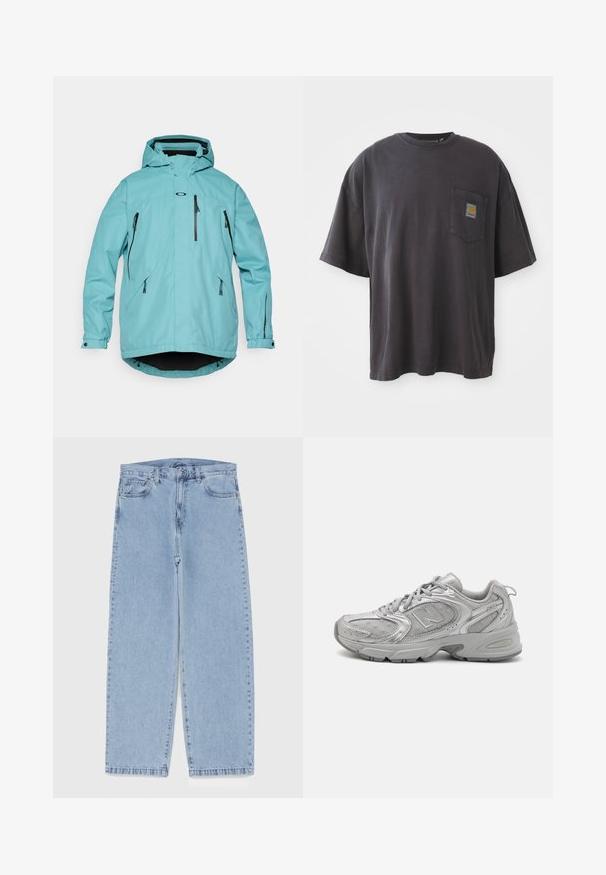 Light blue waterproof jacket with a hood, long sleeves, two front zip pockets, and black accents on zippers and hem. Smooth texture.; Black cotton t-shirt with short sleeves, a round neckline, and a left chest pocket featuring a square logo patch. Simple and unembellished design.; Light blue denim jeans with straight leg design, featuring a mid-rise waist, five pockets, and a button and zipper closure.; Silver athletic shoe with a sleek design, mesh panels, padded tongue, textured synthetic upper, and rubber outsole for traction.