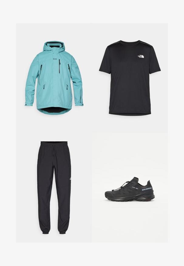 Světle modrá nepromokavá bunda s kapucí, dlouhými rukávy, dvěma předními zipovými kapsami a černými akcenty na zipu a lemování. Hladká textura.; Černé tričko s krátkým rukávem vyrobené z lehkého materiálu. Má malé bílé logo na levé části hrudi a decentní akcenty na ramenech.; Černé sportovní kalhoty vyrobené z lehké tkaniny, s páskem na šňůrku, bočními kapsami a zúženými manžetami na kotnících.; Černé trailové běžecké boty s texturovaným svrškem, elastickými šňůrkami a podrážkou Contagrip. Mají pevné padnutí a ochrannou špičku.