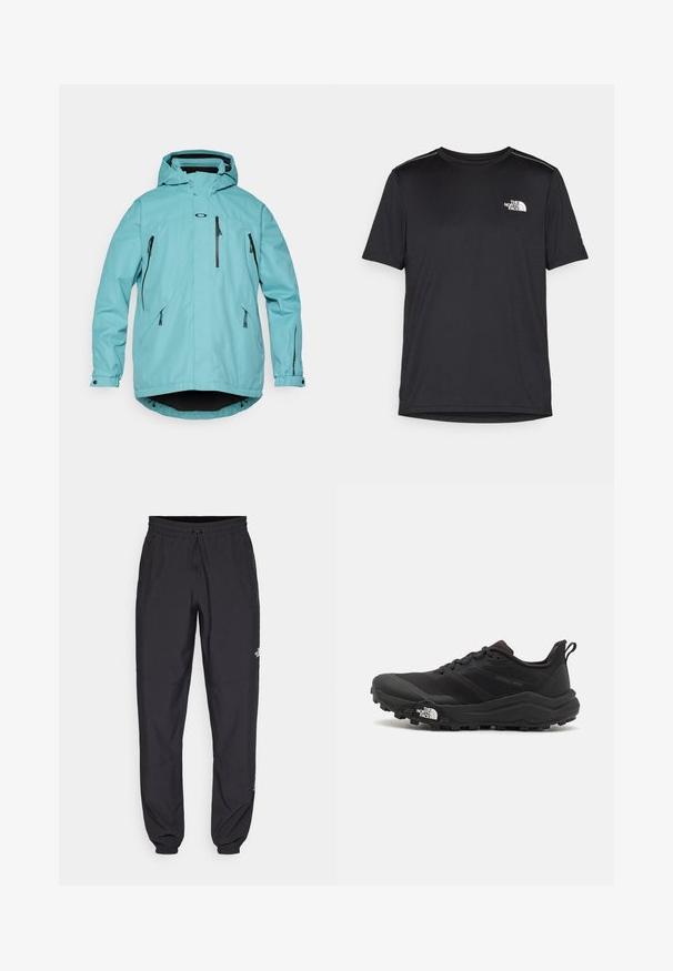 Helle blaue wasserdichte Jacke mit Kapuze, langen Ärmeln, zwei vorderen Reißverschluss-Taschen und schwarzen Akzenten an den Reißverschlüssen und dem Saum. Glatte Textur.; Schwarzes T-Shirt mit kurzen Ärmeln aus leichtem Stoff. Mit einem kleinen weißen Logo auf der linken Brust und dezenten Akzenten an den Schultern.; Schwarze Sporthosen aus leichtem Stoff, mit einem Kordelzugbund, seitlichen Taschen und schmal zulaufenden Bündchen an den Knöcheln.; Schwarzer Trailrunning-Schuh mit strukturiertem Obermaterial, Gummisohle und verstärkter Zehenkappe. Verfügt über einen gepolsterten Kragen und eine Ziehlasche für einfaches Anziehen.