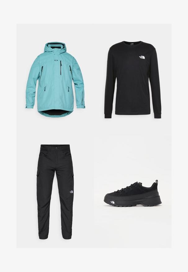 Jachetă impermeabilă de culoare albastru deschis, cu glugă, mâneci lungi, două buzunare frontale cu fermoar și accente negre la fermoare și la tiv. Textură netedă.; Tricou negru cu mânecă lungă din bumbac, având un logo alb pe partea stângă a pieptului și mansete cu țesătură fină. Textură netedă cu decolteu rotund.; The North Face HORIZON PANT - Pantaloni outdoor - black; Tenisi de exterior negri cu superior din daim, talpă din cauciuc texturat și sistem de șireturi solid. Prezintă un călcâi întărit și un logo al mărcii pe lateral.
