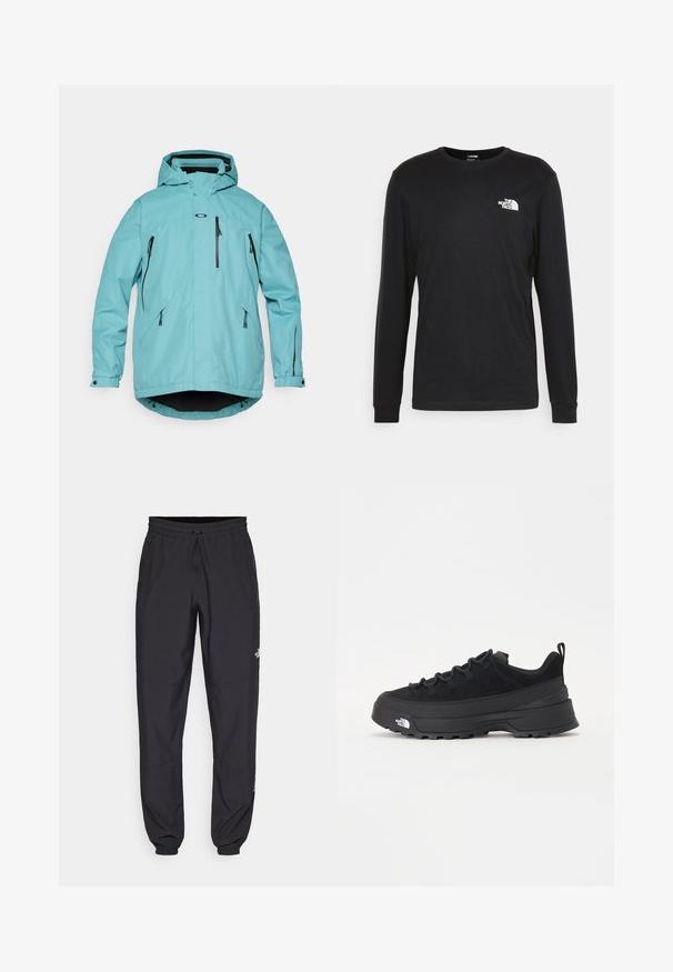 Világoskék vízhatlan dzseki kapucnival, hosszú ujjakkal, két elülső cipzáras zsebbel és fekete akcentusokkal a cipzárokon és az alján. Sima textúra.; Fekete, hosszú ujjú pamut póló, bal mellrészen fehér logóval és bordázott mandzsettákkal. Sima textúrájú, kerek nyakkivágással.; Fekete sportnadrág, könnyű anyagból készült, húzózsinóros derékkal, oldalsó zsebekkel és szűkített szárakkal a bokáknál.; Fekete kültéri sneaker velúr felsőrésszel, texturált gumitalppal és strapabíró fűzőrendszerrel. Megerősített sarkú és oldalán márkalogóval rendelkezik.