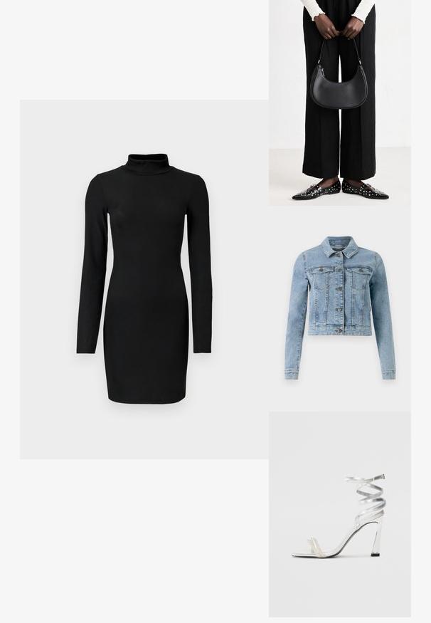 Light blue denim jacket with long sleeves, classic collar, two chest pockets, and button front. Features stitched accents and a cropped design.; Black ribbed long-sleeve dress with a mock neck, fitted silhouette, and smooth texture. Mid-thigh length and no visible patterns or accents.; Silver high-heeled sandal with a shiny strap design, featuring a pearl-like accent and a spiraled ankle strap for secure fit.; Black leather shoulder bag with a rounded shape, glossy finish, and silver hardware. Person wearing black wide-leg pants and studded loafers.