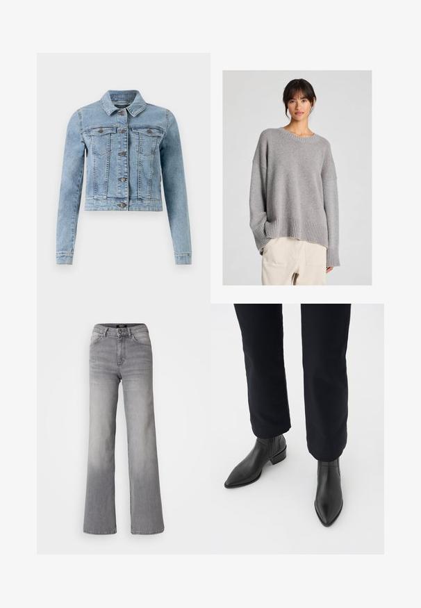 Vaaleansininen farkkutakki, jossa on pitkät hihat, klassinen kaulus, kaksi rintataskua ja nappikiinnitys. Ominaisuuksiin kuuluu ommellut yksityiskohdat ja lyhennetty malli.; Harmaa neulottu villapaita, jossa on rento malli, pyöreä pääntie, ribbireunat hihoissa ja helmassa. Pehmeä rakenne ja hillitty neulekuvio. Yhdistetty vaaleisiin housuihin.; Vaaleanharmaat korkeavyötäröiset suorat farkut etupainikkeella ja vetoketjulla, etu- ja takataskuilla, sekä haalistuneet varjostukset reisissä ja pohkeissa.; Musta nahkasaapas nilkkamalli, jossa on terävä kärki, blokkikorko ja karheat sivupaneelit, yhdistettynä tummiin housuihin valkoista taustaa vasten.