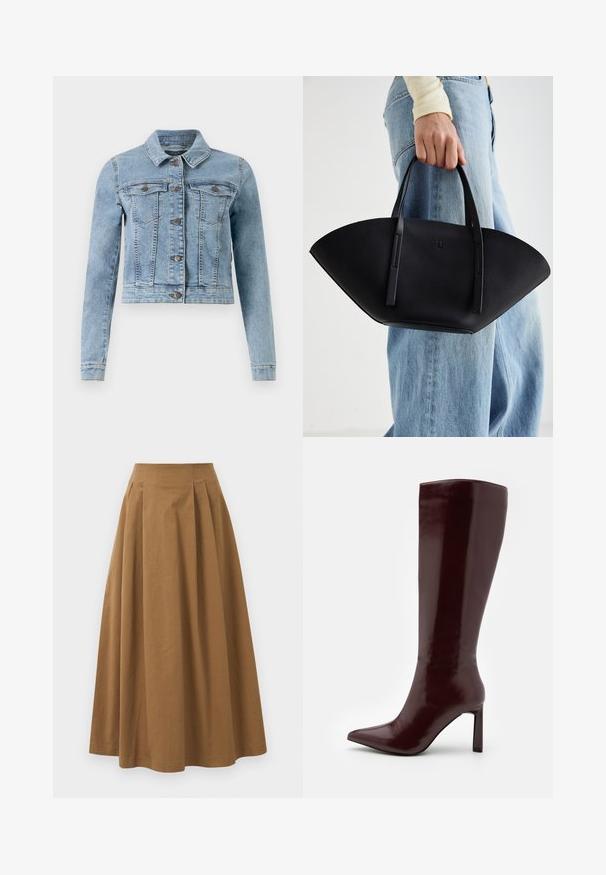 Casaco de denim azul claro com mangas longas, colarinho clássico, dois bolsos no peito e fecho de botão. Apresenta detalhes cosidos e um design cropped.; Camisa branca de botão feita de algodão suave, com colarinho clássico, mangas longas e bainha curva. Os botões são pequenos e brancos.; Saia A-line de algodão castanho com cintura alta, apresentando pregas na parte da frente e uma textura suave. As bordas da bainha são limpas e simples.; Even&Odd Botas - dark red; Bolsa de mão em couro preto com uma forma única em leque, apresentando alças planas. A superfície tem uma textura pebble e um design minimalista.