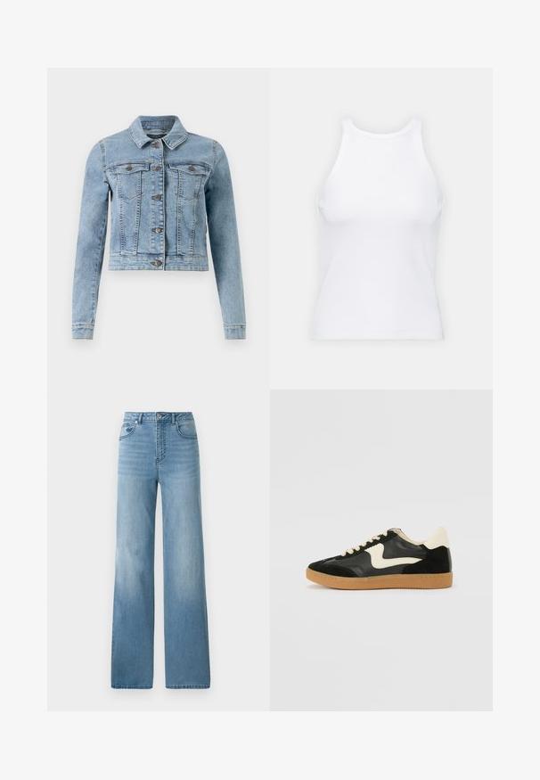 Light blue denim jacket with long sleeves, classic collar, two chest pockets, and button front. Features stitched accents and a cropped design.; White sleeveless tank top made of ribbed fabric, featuring a rounded neckline and a fitted silhouette, with minimal seams and no embellishments.; Light blue high-waisted jeans with a straight-leg design. Crafted from denim, featuring five pockets and a button-fly closure.; Black suede and leather sneaker with a cream side swoosh and light cream heel. Features beige laces and a gum rubber outsole.