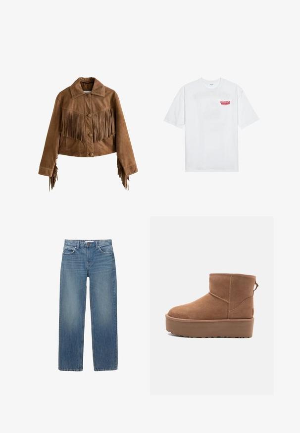Next REGULAR FIT - Usnjena jakna - tan brown; Bela bomba majica iz bombaža z kratkimi rokavi, krožno ovratnikom in rdečim grafičnim besedilom "OKUSNO OSVEŽILNO SADJE" na sprednji strani.; Svetlo modri denim kavbojke s ravnim krojem, petimi žepi in bakrenimi dodatki. Tkanina ima rahlo zbledel videz in gladko teksturo.; Bela antilopova gležnjača s platformom, okruglim vrhom i dekorativnim šavovima; ima uvučenu petlju straga za lakše oblačenje.
