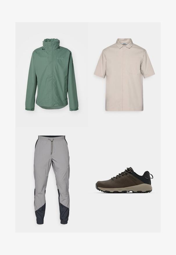 Žalia nepralaidi striukė su aukštu apykakle, reguliuojamais rankogaliais ir elegantišku dizainu. Turėtų subtilų logotipą kairėje krūtinės pusėje.; Šviesiai béžinė, trumpomis rankovėmis, marškiniai su apykakle, turi vieną krūtinės kišenę, švarias linijas ir subtilius siuvimo akcentus.; Lengvas, pilkos sportinės kelnės su juodais akcentais. Elastingas juosmuo, raišteliu užsegimas, siaurėjantis kojų dizainas ir šoninės kišenės.; Rudi nepralaidūs sportbačiai su tekstūruota viršutine dalimi, perforuotomis detalėmis, juodu kulno palaikymu ir pilku guminio padu. Šniūreliai yra dekoruoti metaliniais galais.