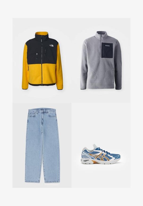 The North Face M RETRO DENALI JACKET - Fleece jacket - summit gold/black; Grey fleece pullover with a half-zip collar, a navy chest pocket, two side pockets, and textured fabric. Lightweight and casual design.; Light blue denim jeans with straight leg design, featuring a mid-rise waist, five pockets, and a button and zipper closure.; Blue athletic shoe with mesh upper, white and orange accents, cushioned midsole, and textured rubber outsole. Features lace-up design.