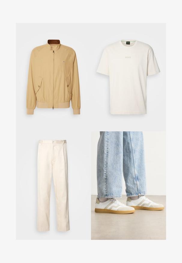 Kahviroheline pommikurv, millel on esiküljel lukuga kinnitamine, seisev kaelus, kaks küljetaskut ja soonikkätikud. Sile tekstuur ja kerge materjal.; BOSS TEE - Lihtne T-särk - open white; Beesidised puuvillased püksid sirge jala lõikega, mis on varustatud nööpkinnituse ja ees olevate voltidega, et lisada detaili.; Valged tenniset jalatsid beeži nubukaktsentide ja heade kummitaldadega; omavad madalat disaini ja tekstuurset detailimist ülemisel osal.