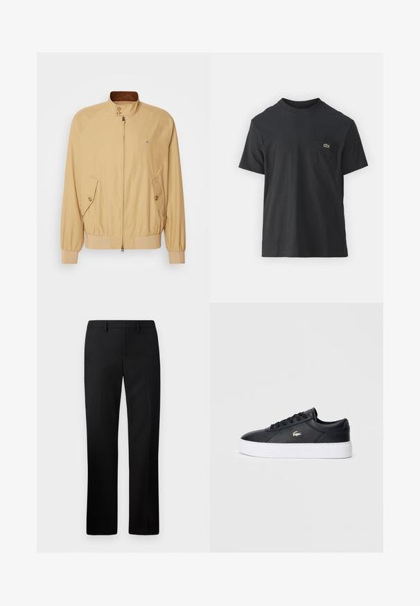 Khaki bomberska jakna s sprednjim zadrgo, stoječim ovratnikom, dvema stranskima žepoma in rebrastimi manšetami. Gladka tekstura in lahka material.; Črna bombažna majica s kratkimi rokavi, okroglo ovratnikom in majhnim zelenim logotipom na levem žepu. Preprost dizajn, redna prileganje.; Črne krojene hlače s ravnimi nogami, izdelane iz gladkega blaga. Lastnosti vključujejo ravno sprednjo stran in pas srednje višine.; Črne usnjene superge s zaobljenim nosom, tonalnimi vezalkami in oblazinjenim ovratnikom. Imajo belo platformo in majhen logotip.