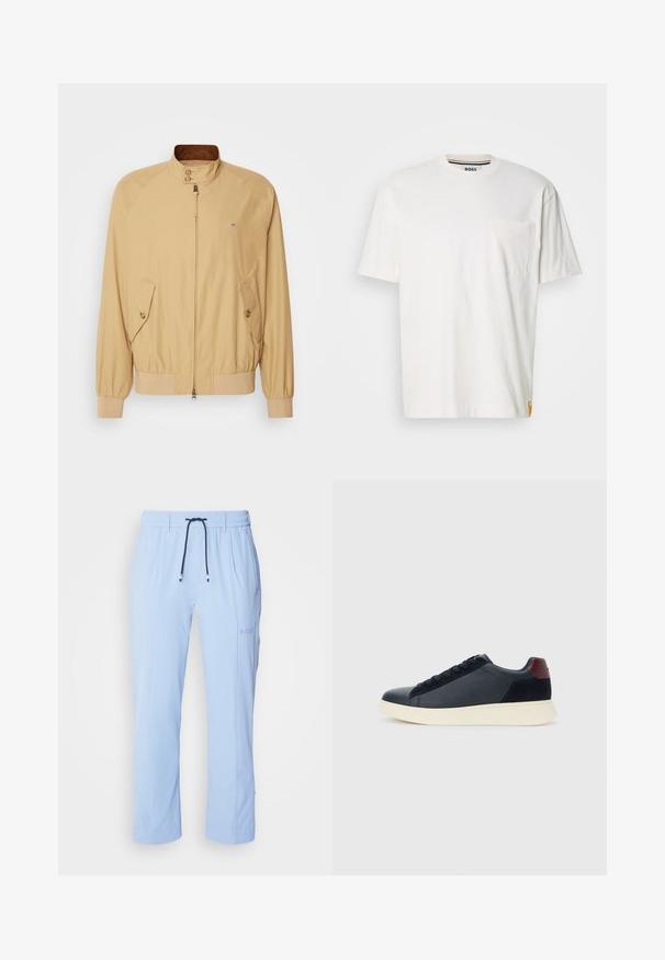 Kaki spalvos bomberis su priekiniu užtrauktuku, atsistojusiu apykaklės dizainu, dviem šoninėmis kišenėmis ir tentiniais rankogaliais. Lygi tekstūra ir lengvas audinys.; Balta medvilnė t-shirt su apvalia iškirpte, trumpomis rankovėmis ir kišene kairėje krūtinės pusėje. Yra nedidelis logotipo ženkliukas ant šono siūlės.; Šviesiai mėlynos, lengvos treniruočių kelnės su elastiniu juosmeniu, raišteliu ir subtiliomis šoninėmis kišenėmis. Dešiniajame klešne yra prekės ženklo logotipas.; Juodos odinės ir zomšinės vyriškos žemos sportinės avalynės su bordo spalvos kulkšnių juostele ir balto kaučiuko padu vaizdas iš išorės.