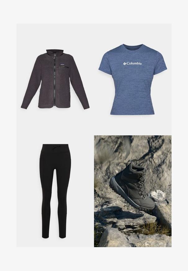 Grå fleecejakke med glidelås i front, høy krage og brystlomme. Har sidelommer og en strukturert stoffoverflate.; Blå kortermet t-skjorte laget av teksturert stoff, med en hvit Columbia-logo på brystet, rund hals og tettsittende design.; Svart tights laget av elastisk materiale med høy midje, med snøring foran og en glatt, sømløs design.; Mørkegrå tursesko laget av syntetisk materiale, med polstret krage, metalløyer og teksturert gummisåle for grep.