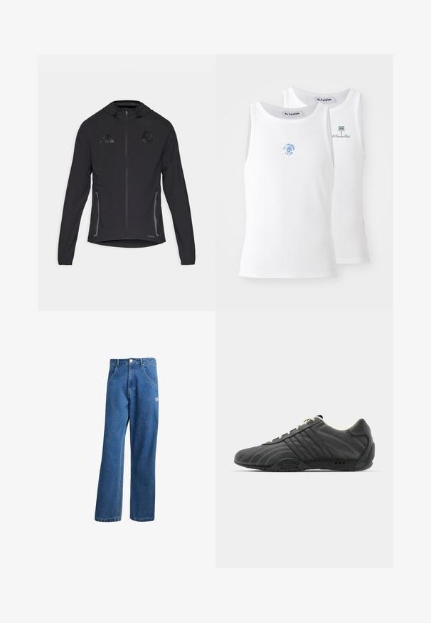 Svart atletisk jacka med framdragkedja, justerbar huva, sidofickor och texturerade logodetaljer. Tillverkad i lätt tyg.; Två vita linnen med ribbad textur, som har broderade logotyper i blått och grönt. Det ena har en soldesign och det andra en palm.; Blå högmidjade vida jeans i denim med framfickor, bältesloopar, knappstängning och liten Adidas-logga på högra låret.; adidas Originals ADIRACER UNISEX - Sneakers - core black/cream white